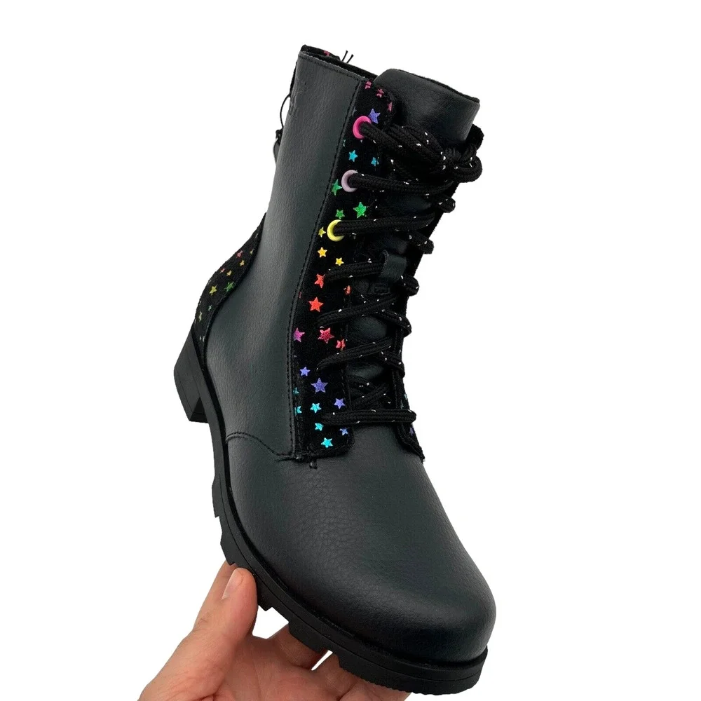Sorel‎ Emelie Youth Girls Leather Fashion Combat Boot 5 Black-Multi Waterproof